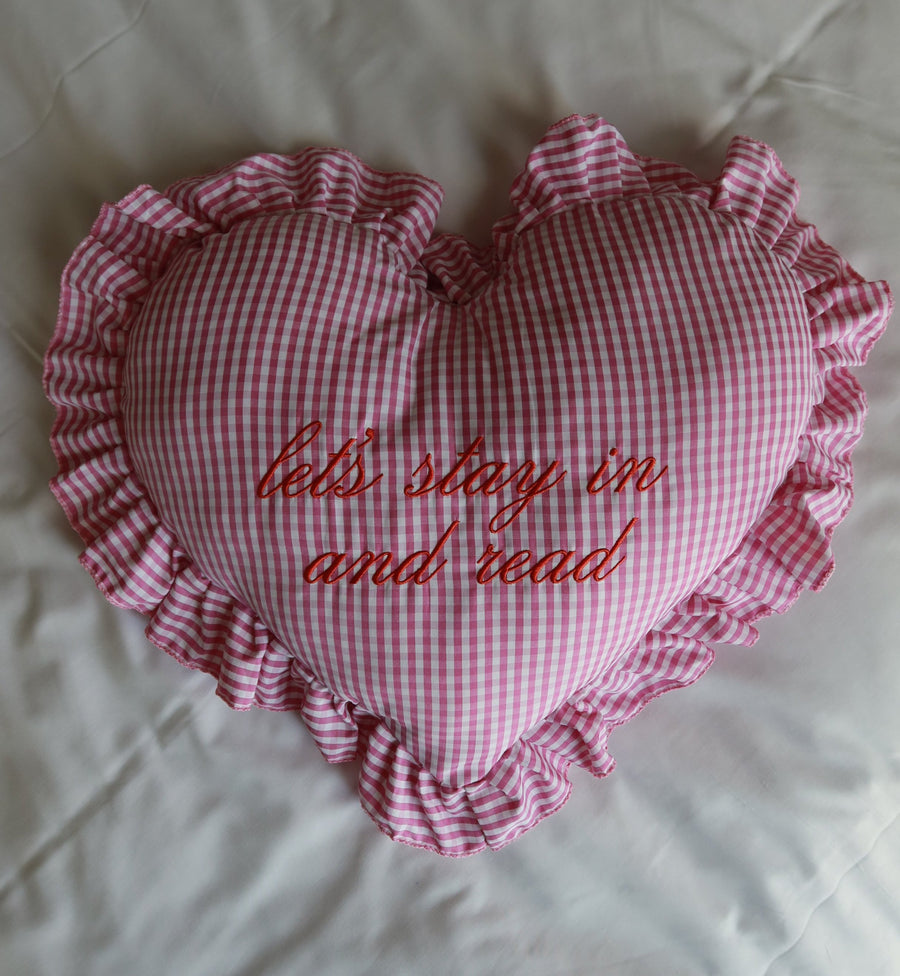 Let's Stay In & Read Heart Ruffle Pillow